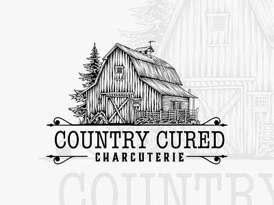 Country Cured Charcuterie Black & White Logo barn black and white branding design digital illustration drawing graphic design illustration logo logo design logo illustration logo retro logo rustic logo vintage vector