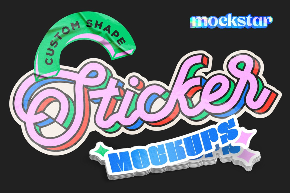 Custom Shape Sticker Mockup adhesive brand business die cut glossy holograph holographic logo mockup photoshop realistic seal shadows sticker sticker mockup sticky vinyl wrinkle sticker