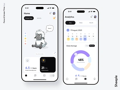 Focus & Screen Time Mobile App analytics focus focusing illustration meditation mobile app modern screen screen time sheep statistics stats ui ux