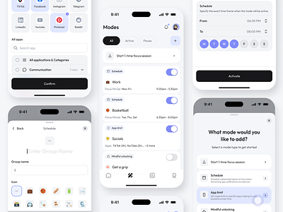 Create Schedule - Focus & Screen Time Mobile App app design focus focusing meditation mobile mobile app modern modes schedule screen time ui ux