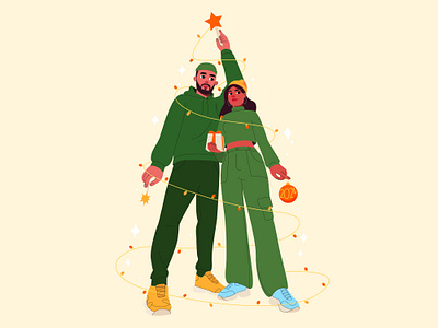 Happy New Year! art boy character christmas couple drawing girl holiday illustration new year tree vector woman
