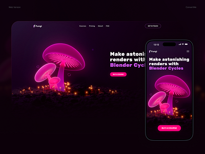 Fungi Landing Heroscreen 3d blender convertme design first screen graphic design heroscreen landing mobile mushrooms pink purple