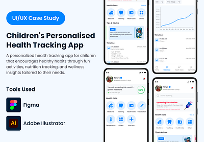 Children's Personalised Health Tracking App app branding case study design graphic design home screen illustration login screen logo typography ui ux ux design vector