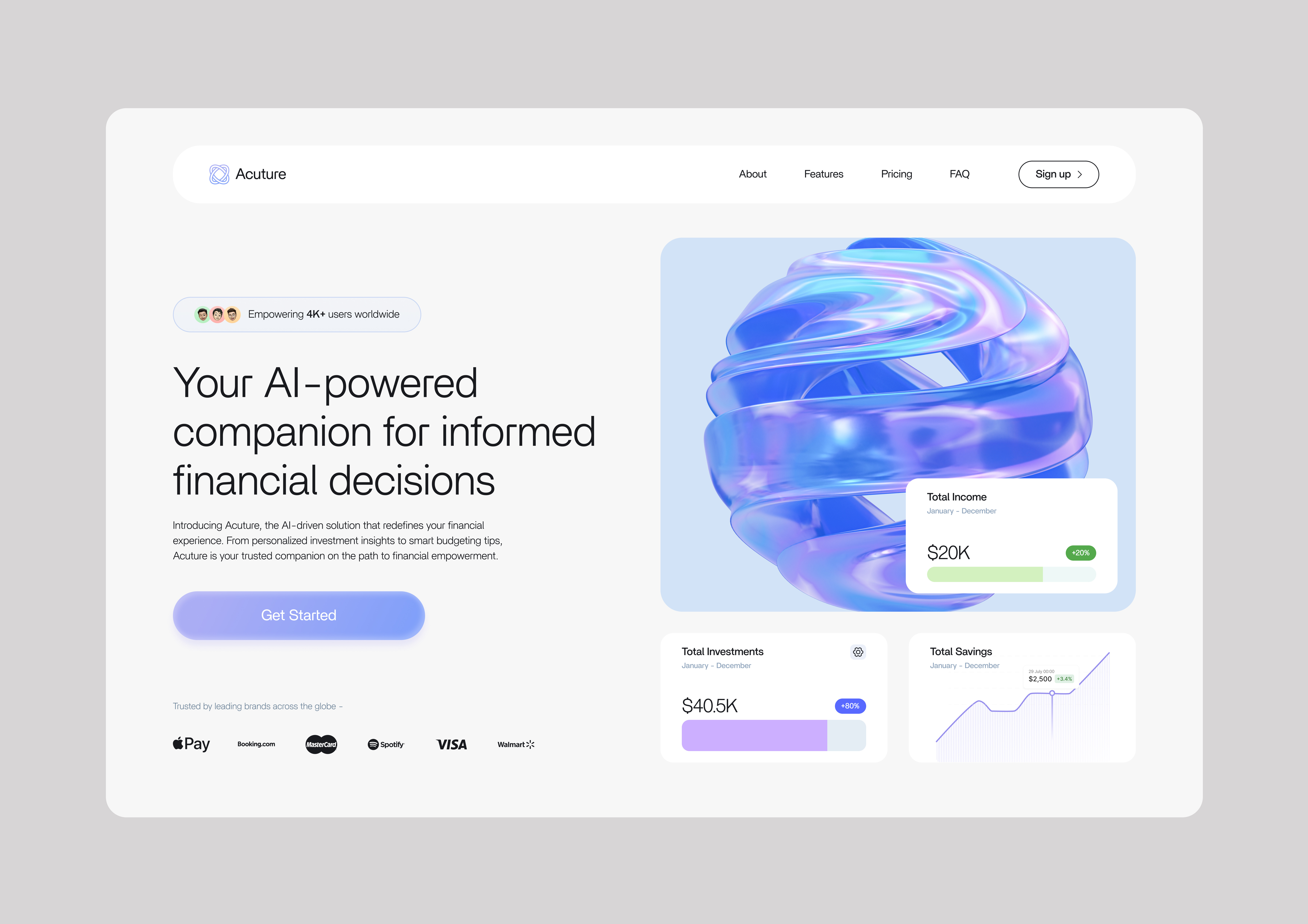 Acuture Landing page 3d ai artificial intelligence banking blockchain defi design finance financial management gradients holographic illustration iridescent minimalism ux web3