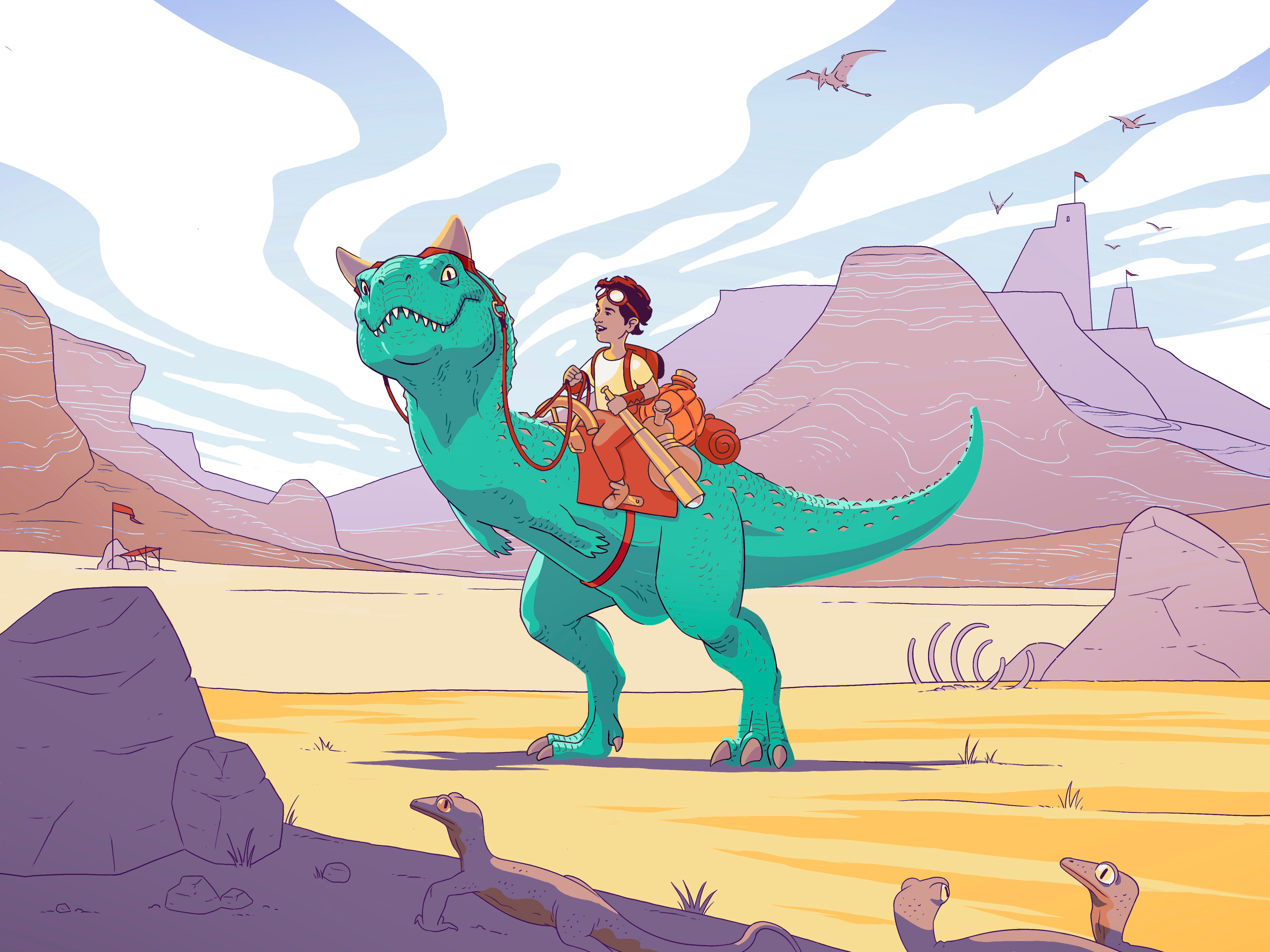 Carnotaurus desert dinosaur illustration jurassic landscape mesozoic prehistoric volcano