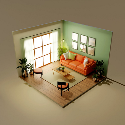 3D Isometric modern living room illustration made in blender 3d 3d art 3dmodel animation blender design graphic design illustration interior design isometric