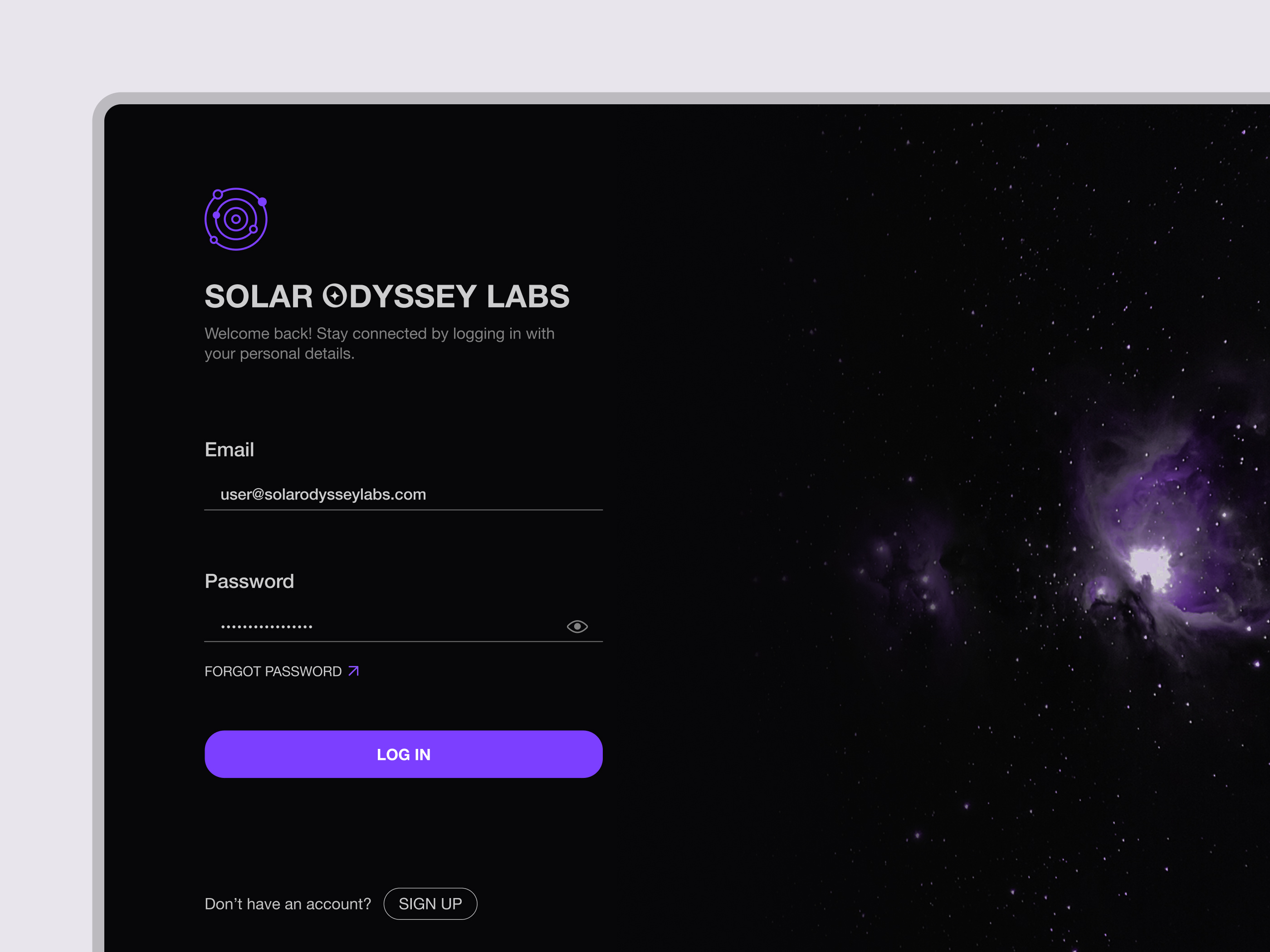 Solar Odyssey Labs - Login page ai animation artificial intelligence branding button dashboard data design input log in login minimalist product design purple signup space ui ux uxui