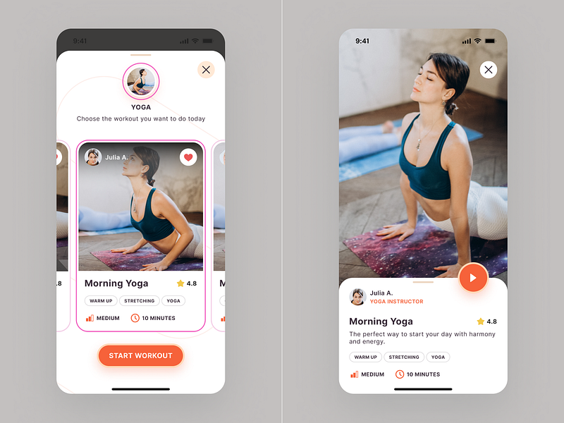 Habit Hero App UX/UI design. Workout selection clean design clean ui creative ui fitness fitness app fitness instructor profile minimal design minimal ui mobile design mobile popup mobile ui swipe selector ui ux workout workout page