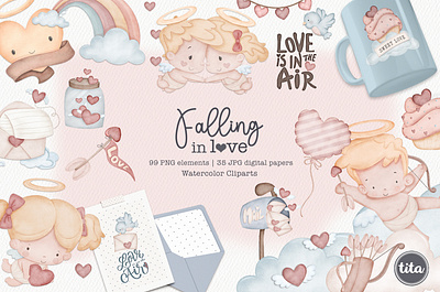 Falling in Love - Clip Arts angel clipart cupid illustrations cute cliparts kids party valentines day gift watercolor clipart
