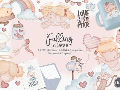 Falling in Love - Clip Arts angel clipart cupid illustrations cute cliparts kids party valentines day gift watercolor clipart