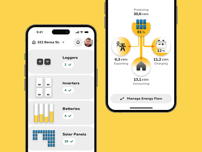 Solar Hardware Status and Energy Flow in Detail app battery charging digital electricity energy flow grid hardware home house inverter logger monitoring panel solar status system ui ux