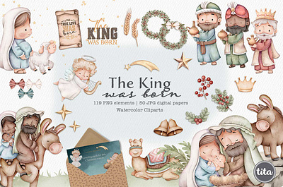The King Was Born - Clip Arts christmas cliparts watercolor set xmas decor