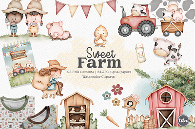 Sweet Farm - Clip Arts clipart set cute animals cute farm set little farm watercolor farm