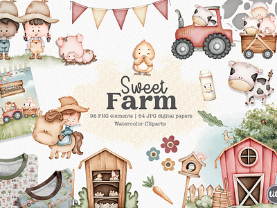 Sweet Farm - Clip Arts clipart set cute animals cute farm set little farm watercolor farm