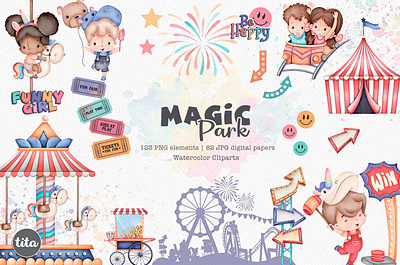 Magic Park - Clip Arts amusement park cute clipart nursery decor watercolor park