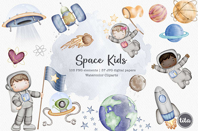 Space Kids - Clip Arts astronauts clipart planets cliparts space clipart watercolor kids watercolor space clipart