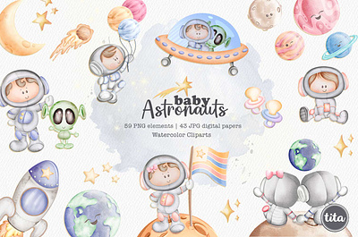 Baby Astronauts - Clip Arts baby astronauts clipart set cute babies decor planet clipart watercolor clipart