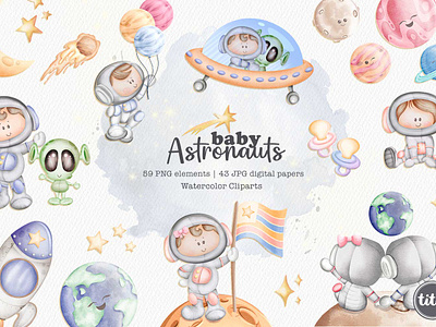 Baby Astronauts - Clip Arts baby astronauts clipart set cute babies decor planet clipart watercolor clipart
