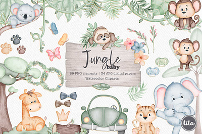 Jungle Baby - Clip Arts cute animals clipart jungle clipart set jungle decor kids party watercolor jungle clipart