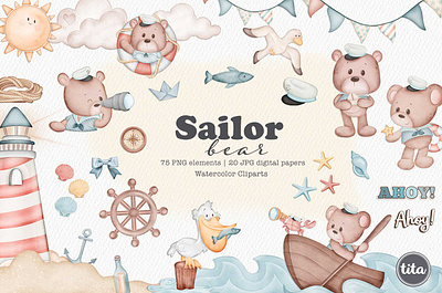 Sailor Bear Boy - Clip Arts cute bear cute cliparts illustrations nursery decor sailor bear clipart