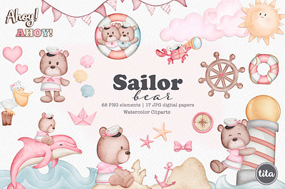 Sailor Bear Girl - Clip Arts bear clipart watercolor clipart set cute bear cute clipart cute cliparts design illustration kids party nursery decor sailor bear clipart watercolor clipart watercolor clipart set