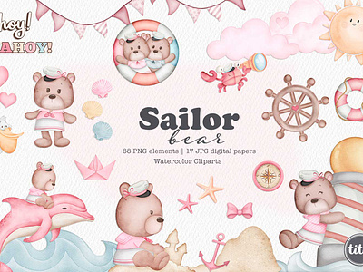 Sailor Bear Girl - Clip Arts bear clipart watercolor clipart set cute bear cute clipart cute cliparts design illustration kids party nursery decor sailor bear clipart watercolor clipart watercolor clipart set