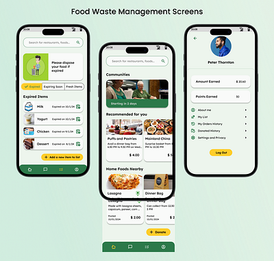 Food Waste Screens UI/UX Daily Challenge daily challenge eco friendly figma food waste management ui uiux visual designs wireframes