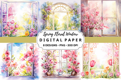 Spring Floral Window Digital Paper commercial use art