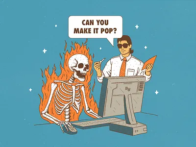 "It's a good start but..." client client work computer design designer feedback fire flaming freelance hand drawn illustration laptop logo skeleton stipple work