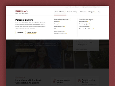 BankSouth - Website Redesign, Mega Menu arrow bank clean dark mega menu mortgage navigation overlay simple sophisticated texture tray ui ux web design website