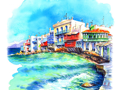 Watercolor sketch of Little Venice on the island Mykonos, Greece architecture europe greece illustration landmark mykonos sketch town travel urban sketch watercolor