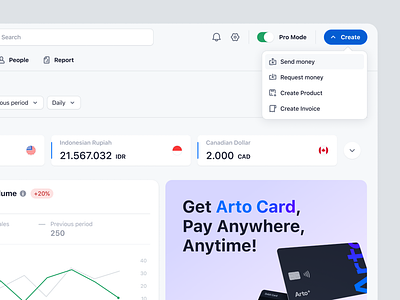 Arto Plus - Overview Pro - SaaS Payment System business create invoice create product currencies exchange finance overview payment pro mode product design request money saas saas design send money transactions ui ux web design