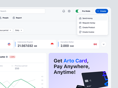 Arto Plus - Overview Pro - SaaS Payment System business create invoice create product currencies exchange finance overview payment pro mode product design request money saas saas design send money transactions ui ux web design