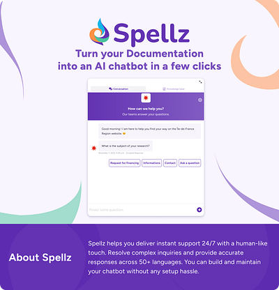 Spellz - Turn your documentation into an AI chatbot ai artificial inteligence branding chatbot customer customer service design system faq figma generative ai graphic design knowledge base logo product design sass ui ui ux ux web chat webdesign
