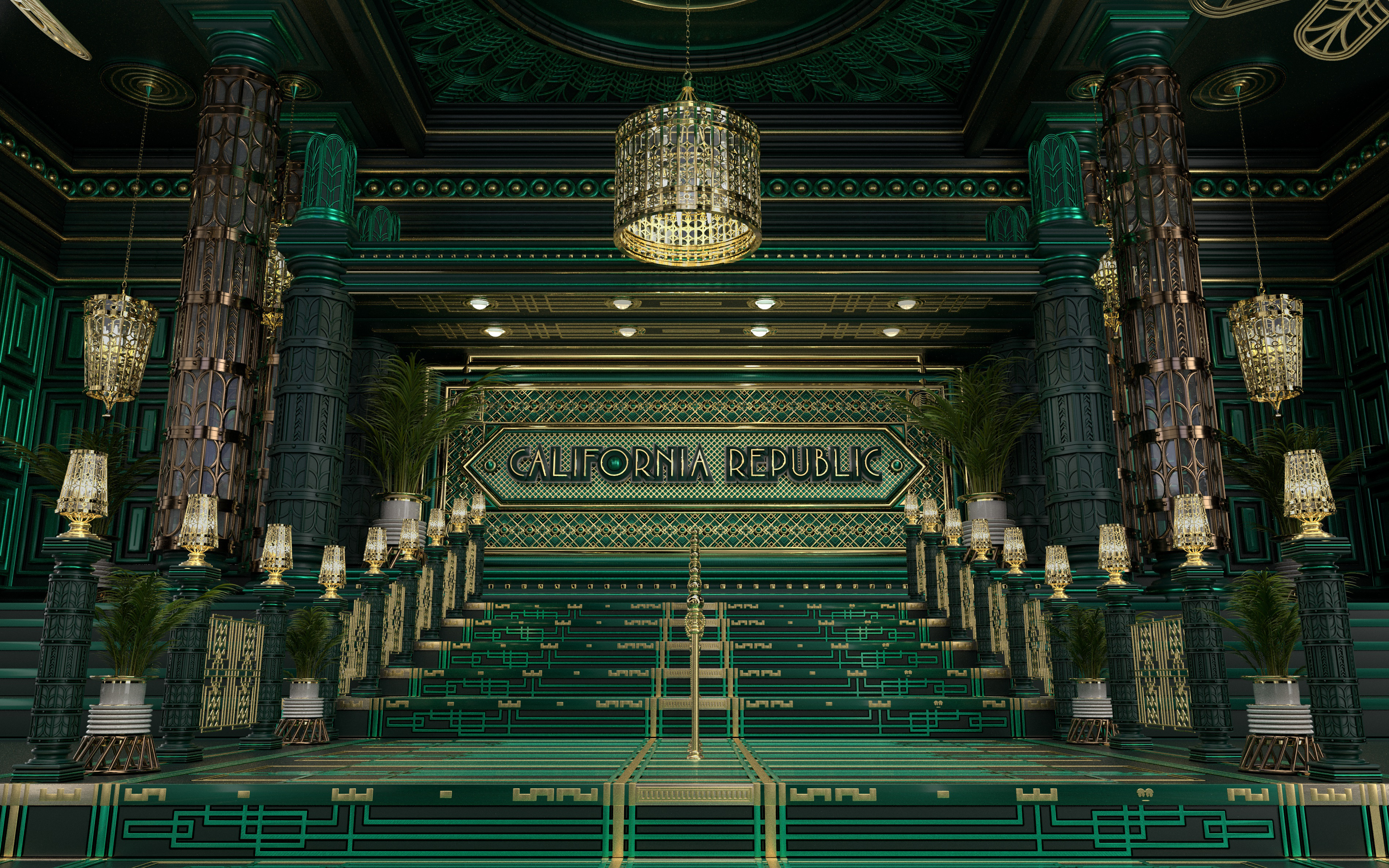 California Republic - (Altar Alt. 2 - Club) 3d altar architecuture branding building c4d catholic chandelier cinema4d design digital art elegant gold graphic interior interior design patter typography