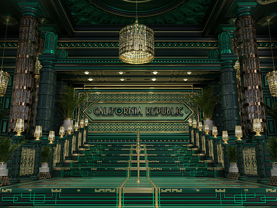 California Republic - (Altar Alt. 2 - Club) 3d altar architecuture branding building c4d catholic chandelier cinema4d design digital art elegant gold graphic interior interior design patter typography