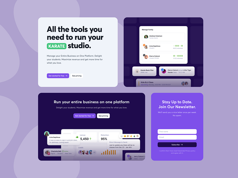 Landing Page Cards business karate landing page manage saas ui ux web