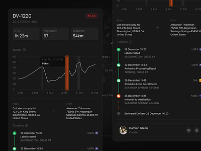 Dark Mode Tracking pt.5 activity app courier dark dark theme dark ui design interface manage minimal post saas shipping timeline tracking ui ui design ux ux design web