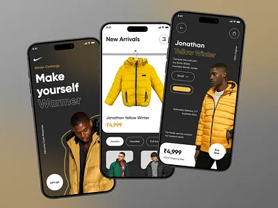 Winter Clothings - Mobile App aesthetic app black branding design design studio ecommerce figma ice illustration jacket logo mobile app nike online shopping studiolama ui user experience winter yellow