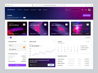 Teamtalk Digital Banking - Cards Page balance bank banking bills card cards dashboard digital bank exchange finance fintech money payment spent wallet web dashboard