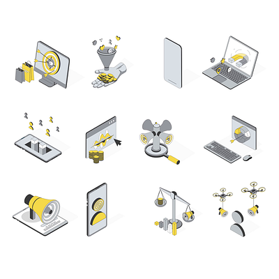 Marketing 2d advertising analytics animation branding campaign creativity design digital engagement flat icon icons illustration isometric marketing motion promotion strategy