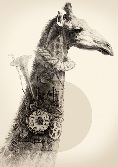 Steampunk Giraffe animal artist giraffe hand drawing illustration original steampunk timepiece
