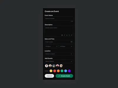 Create Event Component components darkmode dashboard figma ui design uiux ux design webapp website