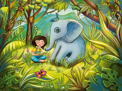 an illustration of a girl and her elephant friend. branding design graphic design illustration procreate обложка