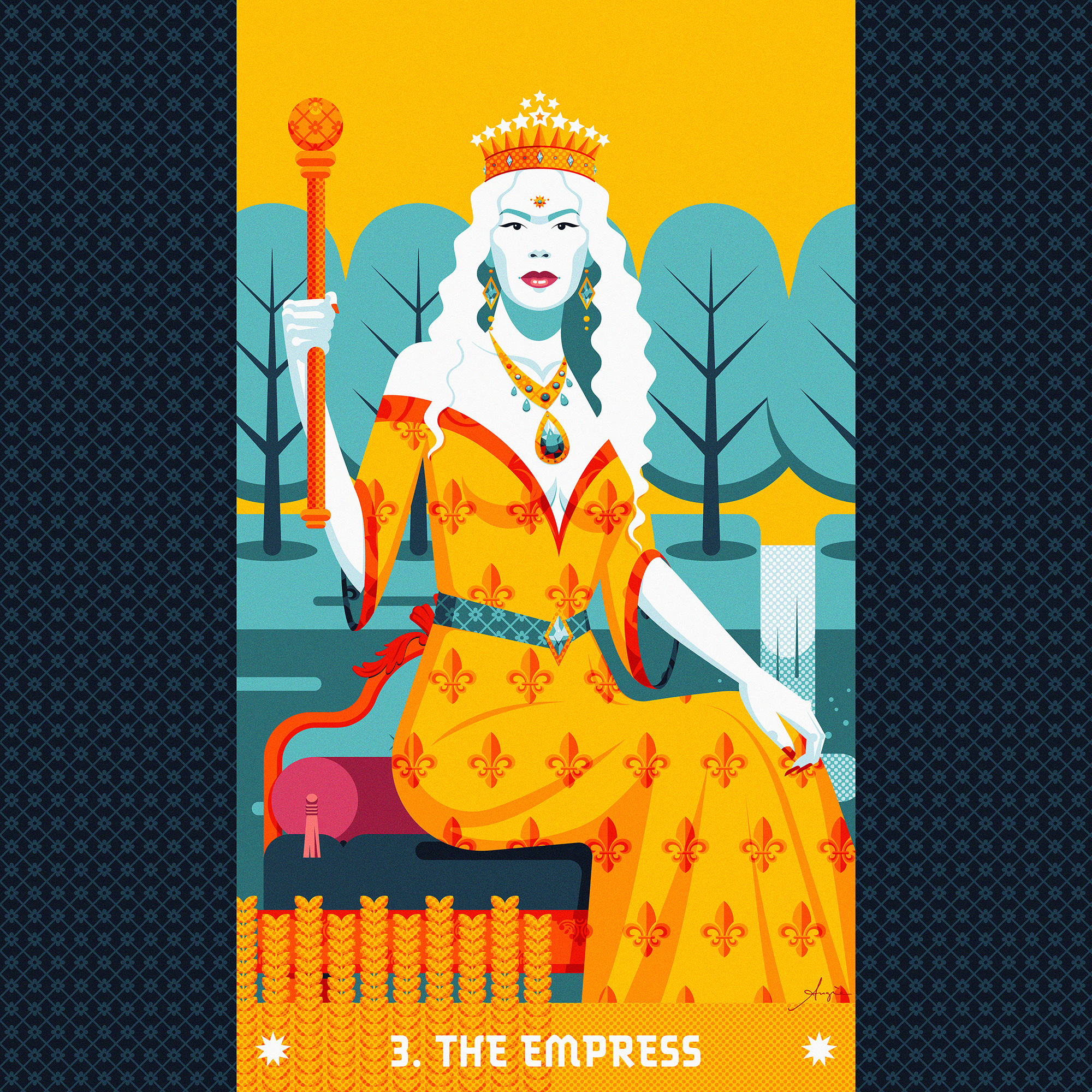 Tarot card #03: The Empress adobe illustrator arcana major blue contrast crown daily art digital art empress flat design illustration jewels portrait red scepter stylized tarot vector vector illustration woman yellow