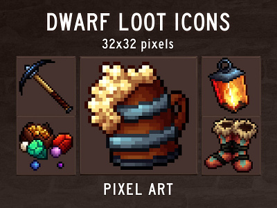 Dwarf loot Icons 32×32 Pixel Art 2d 32x32 art asset assets fantasy game game assets gamedev icon icons illustration indie indie game loot pixel pixelart pixelated rpg set
