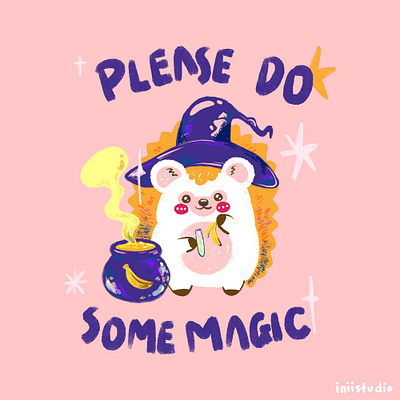 Please do some magic animal art banana color cute pet design digital art fat girlsart hedgehog heho illustration magic pet pink procreate purple sparkle witch hat witchcraft