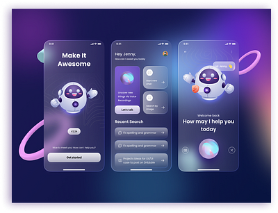 Chatbot Ai app - Glassmorphism dark mode theme 3d style chatbot app dark mode dark mode theme glassmorphism glassmorphism dark mode ui design