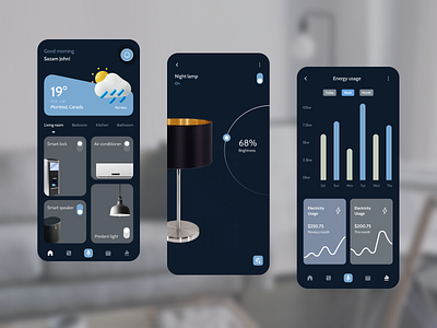 Smart home app ui - minimalism dark mode theme iot smart home minimalism app minimalism style realistic remote home smart home app smart home minimalism smart home ui ui