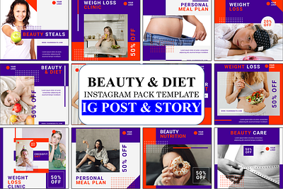 Beauty & Diet Instagram Pack Template canva canva template design graphic design instagram template